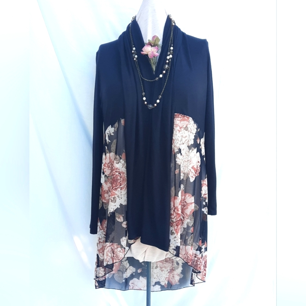 KIM&CAMI Black Long Sleeve & Sheer Floral Rose Pink High-Low Cover